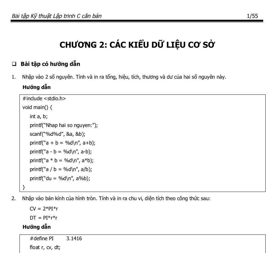 Bộ Bài Tập Ngôn Ngữ Lập Trình C