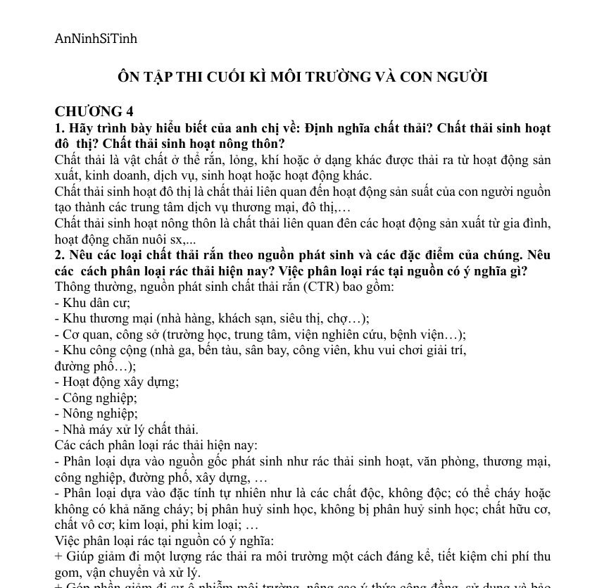 Ôn Cuối Kỳ Môi Trường Và Con Người