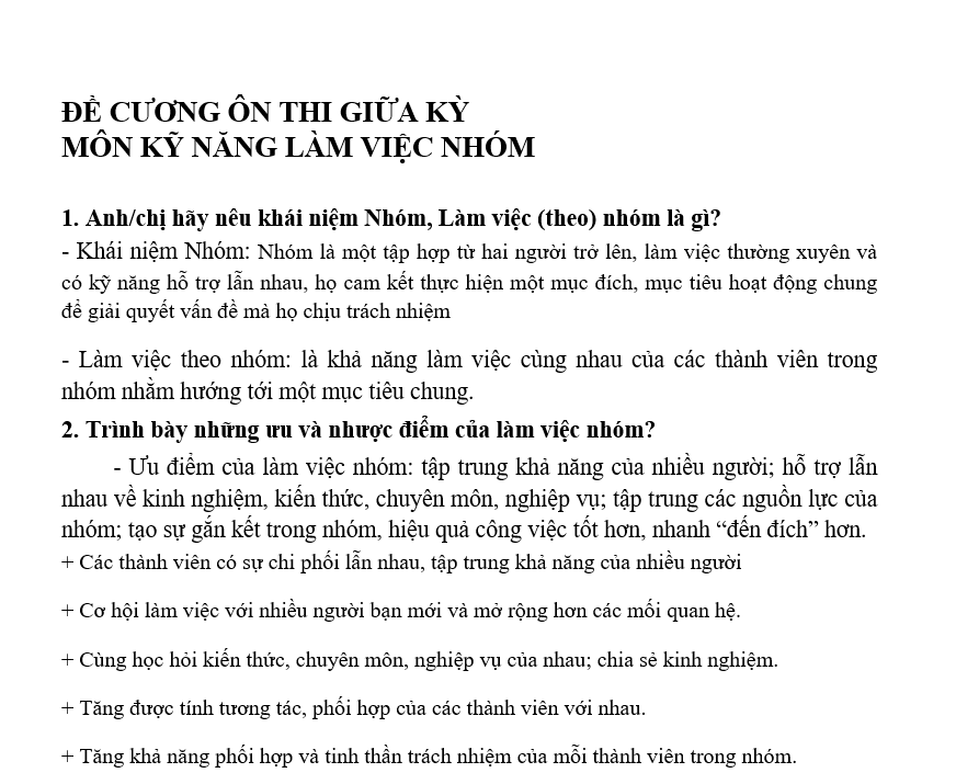 Đề Cương Giữa Kỳ - Kỹ Năng Làm Việc Nhóm