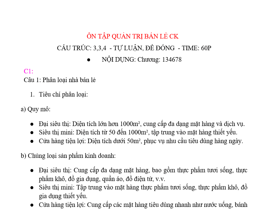 Ôn Cuối Kỳ Quản Trị Bán Lẻ 2