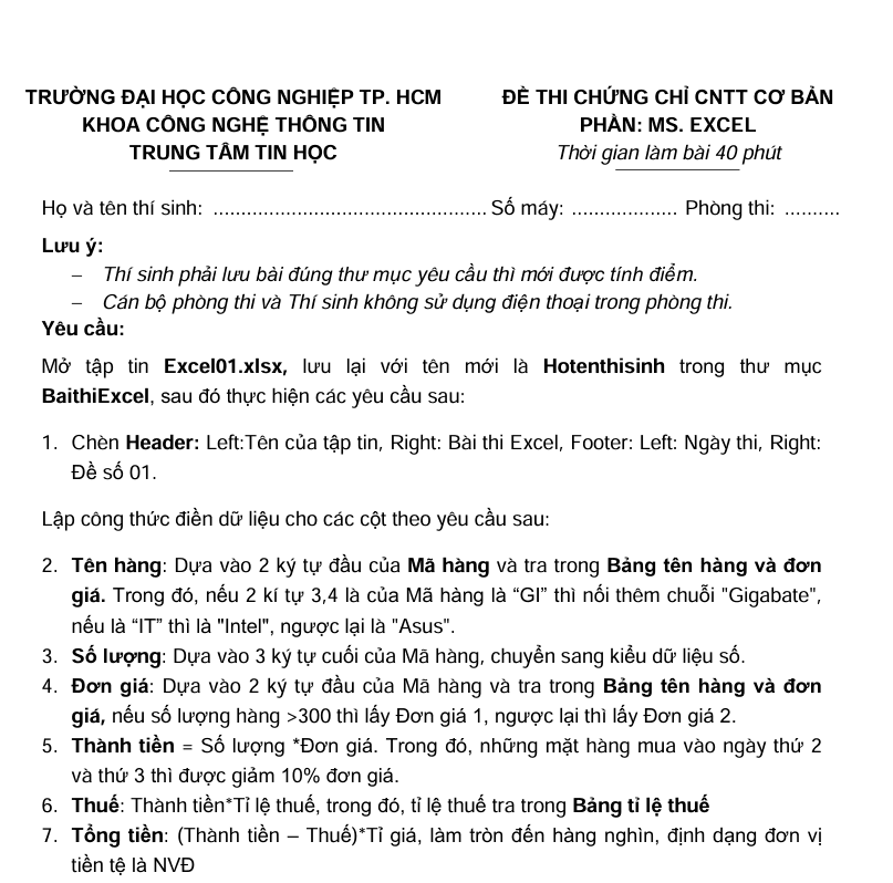 Đề 1 Excel Chứng Chỉ Tin Học