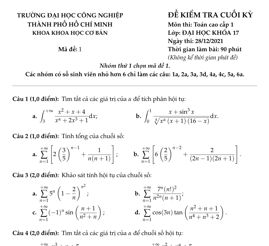 Đề Thi Thử Cuối Kì Toán Cao Cấp 1