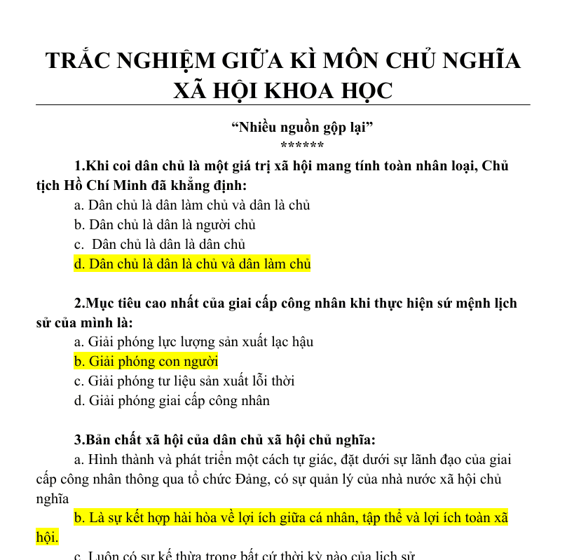 Trắc nghiệm giữa kì chủ nghĩa xã hội khoa học