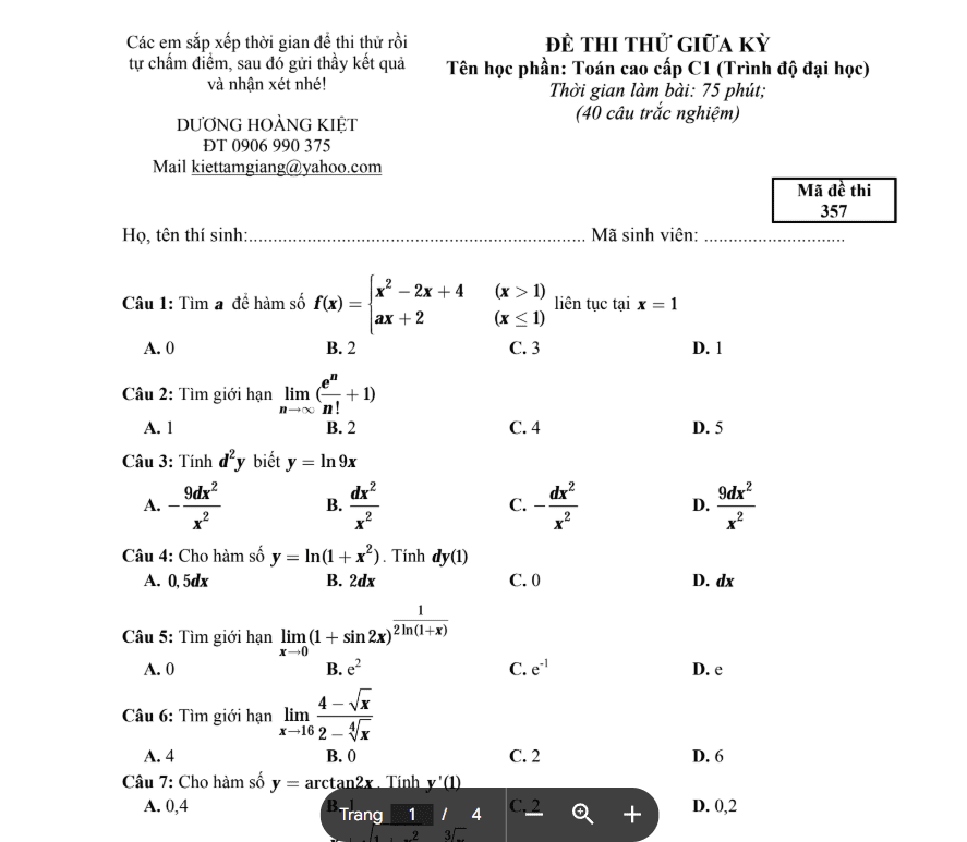 Đề Thi Thử Giữa Kì Toán Cao Cấp 1 Đề 1