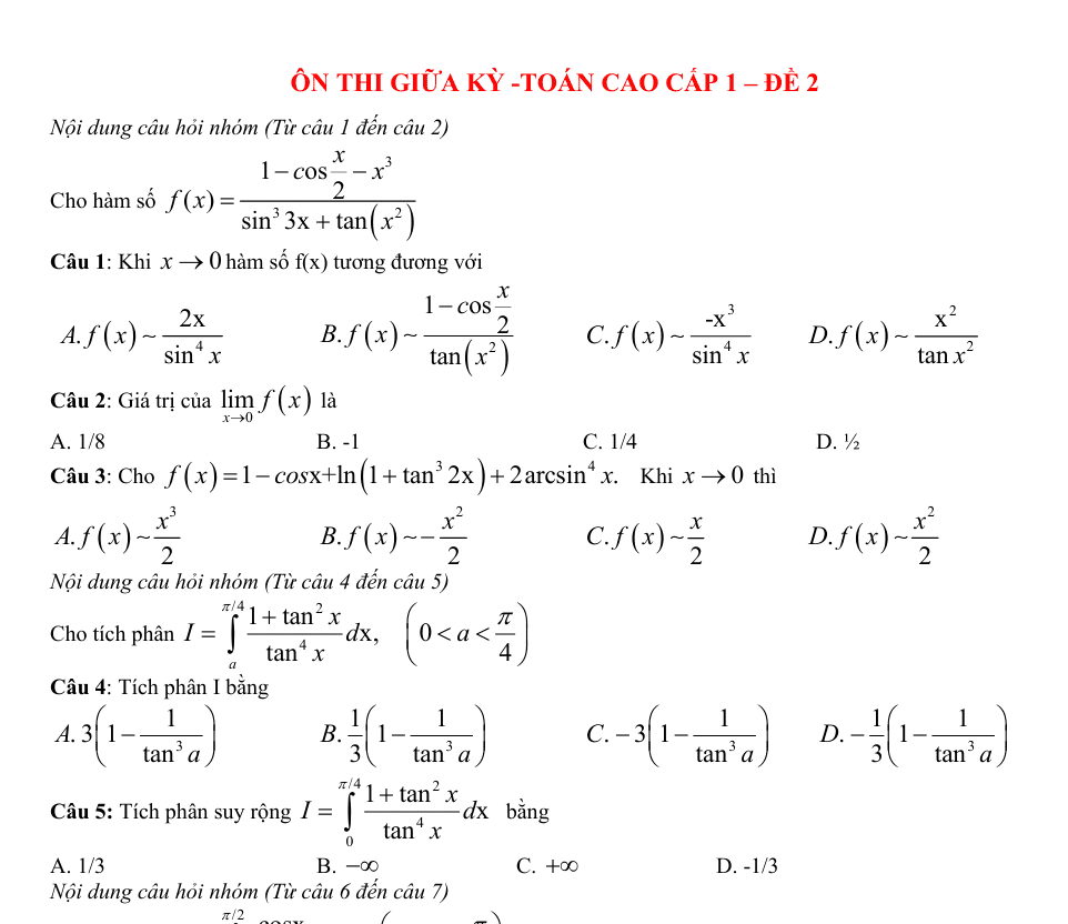 Đề Thi Thử Giữa Kì Toán Cao Cấp 1 Đề 2