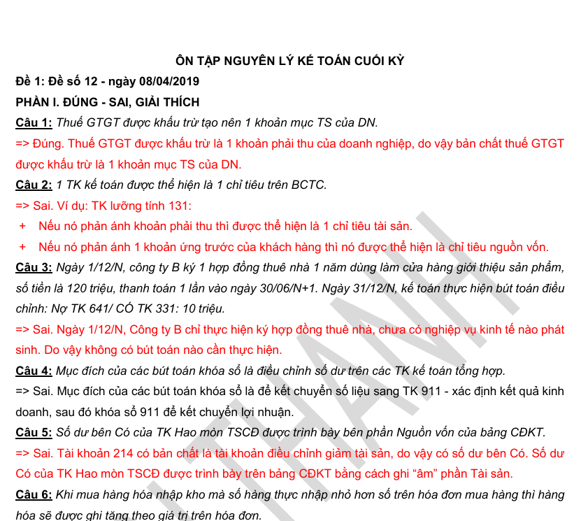 Ôn Tập Cuối Kỳ Nguyên Lý Kế Toán