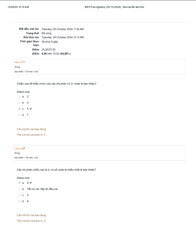 Trắc Nghiệm BST - Cấu Trúc Dữ Liệu