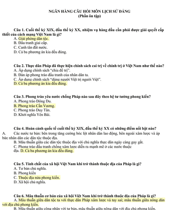 190 câu Trắc Nghiệm Lịch Sử Đảng